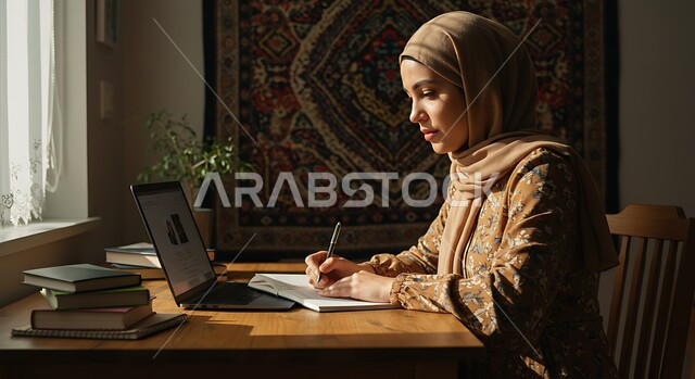 كتابة المهام والأهداف اليومية, تنظيم وإدارة الأعمال, تدوين وتسجيل المعلومات على الورق, صورة مقربة لامرأة عربية خليجية سعودية محجبة ترتدي العباءة السوداء تجلس على مكتبها تستخدم الحاسب المحمول تقوم بالتفكير لإيجاد الحلول بتبعابير الشرود، مهن ووظائف نسائية مكتبية سعودية