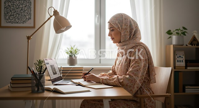 كتابة المهام والأهداف اليومية, تنظيم وإدارة الأعمال, تدوين وتسجيل المعلومات على الورق, صورة مقربة لامرأة عربية خليجية سعودية محجبة ترتدي العباءة السوداء تجلس على مكتبها تستخدم الحاسب المحمول تقوم بالتفكير لإيجاد الحلول بتبعابير الشرود، مهن ووظائف نسائية مكتبية سعودية