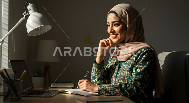 كتابة المهام والأهداف اليومية, تنظيم وإدارة الأعمال, تدوين وتسجيل المعلومات على الورق, صورة مقربة لامرأة عربية خليجية سعودية محجبة ترتدي العباءة السوداء تجلس على مكتبها تستخدم الحاسب المحمول تقوم بالتفكير لإيجاد الحلول بتبعابير الشرود، مهن ووظائف نسائية مكتبية سعودية