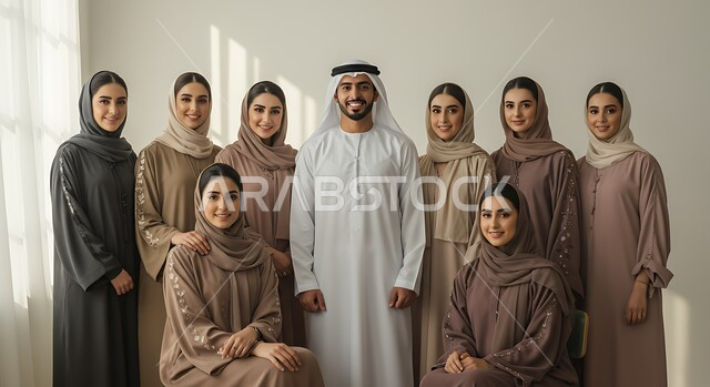 النظر الى الكاميرا بتعابير السرور, بورتريه لرجل عربي خليجي اماراتي يرتدي الكندورة والغترة التقليدية يقف باستقامة برفقة زوجته وبناته, مفهوم العائلة السعيدة في المجتمع العربي الاماراتي, صورة الجسم بالطول الكامل, خلفية رمادية