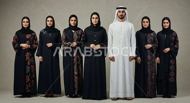 النظر الى الكاميرا بتعابير السرور, بورتريه لرجل عربي خليجي اماراتي يرتدي الكندورة والغترة التقليدية يقف باستقامة برفقة زوجته وبناته, مفهوم العائلة السعيدة في المجتمع العربي الاماراتي, صورة الجسم بالطول الكامل, خلفية رمادية