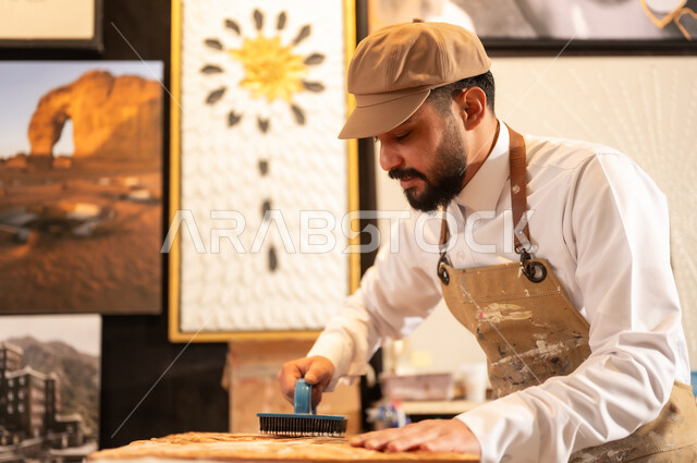 منحوتات وزخارف وأعمال فنية يدوية، حرف ومهن شعبية تراثية، معرض للمواهب والفنون التشكيلية والصناعات اليدوية، رجل نحات عربي خليجي سعودي يرتدي الثوب التقليدية والمريلة  يقوم بالنحت والرسم على الخشب في ورشة العمل
