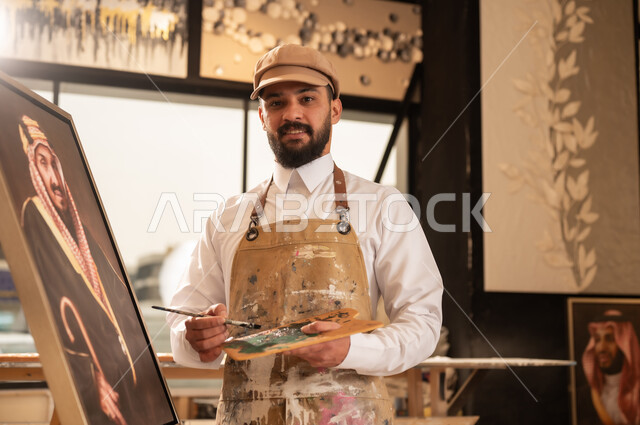 الموهبة و الإبداع في الفنون اليدوية، تعابير السرور والسعادة، مفهوم الحب والانتماء للوطن, ورشة عمل فنية سعودية, رسام عربي خليجي سعودي يرتدي الثوب التقليدي ومريلة الرسم يقدم فنون الرسم و التلوين لصورة الملك عبد العزيز آل سعود