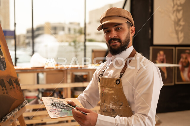 معرض الرسومات و اللوحات التشكيلية في العاصمة السعودية, مفهوم الموهبة و الإبداع، ممارسة هواية الفنون اليدوية, الشغف برسم الحيوانات, رسام عربي خليجي سعودي يرتدي الثوب التقليدي ومريلة الرسم  يقوم برسم جمال في الصحراء ومعالم مدينة الرياض