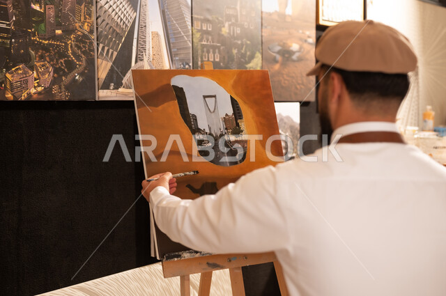 ممارسة هواية الفنون اليدوية, الشغف برسم الحيوانات, رسام عربي خليجي سعودي يرتدي الثوب التقليدي ومريلة الرسم  يقوم برسم جمال في الصحراء ومعالم مدينة الرياض, معرض الرسومات و اللوحات التشكيلية في العاصمة السعودية, مفهوم الموهبة و الإبداع