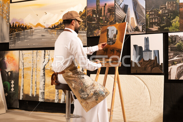 معرض الرسومات و اللوحات التشكيلية في العاصمة السعودية, مفهوم الموهبة و الإبداع، ممارسة هواية الفنون اليدوية, الشغف برسم الحيوانات, رسام عربي خليجي سعودي يرتدي الثوب التقليدي ومريلة الرسم  يقوم برسم جمال في الصحراء ومعالم مدينة الرياض