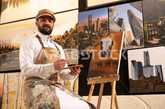 معرض الرسومات و اللوحات التشكيلية في العاصمة السعودية, مفهوم الموهبة و الإبداع، ممارسة هواية الفنون اليدوية, الشغف برسم الحيوانات, رسام عربي خليجي سعودي يرتدي الثوب التقليدي ومريلة الرسم  يقوم برسم جمال في الصحراء ومعالم مدينة الرياض