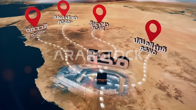 المسافة بالكيلو متر من المواقيت المكانية الى مكة المكرمة، مكان بدء الإحرام لاداء مناسك الحج، خريطة توضيحية لحدود مدينة مكة في المملكة العربية السعودية