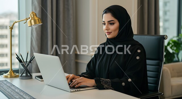  مهن ووظائف نسائية مكتبية سعودية، ادارة وانجاز المهام باستخدام جهاز تقني حديث ومتطور, إمرأة عربية خليجية سعودية مبتسمة ترتدي الحجاب والعباءة تعمل على الحاسوب المحمول في مقر الشركة, ايماءات وتعابير السرور والسعادة