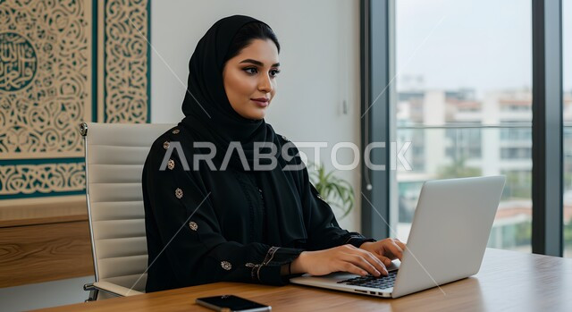  مهن ووظائف نسائية مكتبية سعودية، ادارة وانجاز المهام باستخدام جهاز تقني حديث ومتطور, إمرأة عربية خليجية سعودية مبتسمة ترتدي الحجاب والعباءة تعمل على الحاسوب المحمول في مقر الشركة, ايماءات وتعابير السرور والسعادة