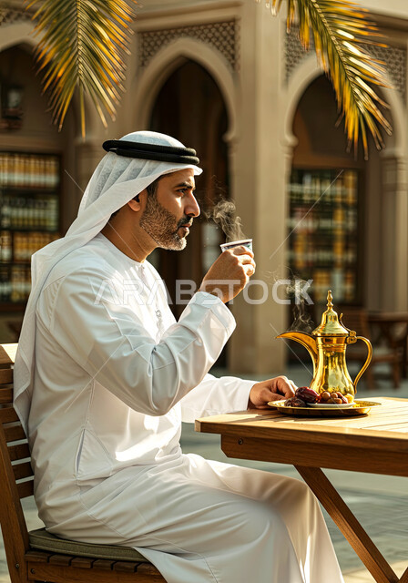 قضاء وقت ممتع في الخارج، الاستمتاع بشرب المشروبات الساخنة في احدى الكافيهات، رجل عربي خليجي اماراتي يرتدي الغترة والكندورة التقليدية يحمل بيده كوب من القهوة، الاهتمام بالمظهر الخارجي، مفهوم الاناقة والوسامة