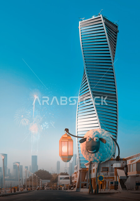 قربان واضحية عيد الاضحى المبارك، رسم ثلاثي الابعاد لخروف ابيض، برج المجدول في العاصمة الرياض، الاحتفال بالاعياد الدينية الاسلامية بالمملكة العربية السعودية