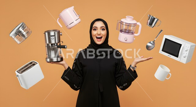 السرور والسعادة لإمتلاك تجهيزات المطبخ، تعابير وايماءات الدهشة و المفاجأة والذهول, بورتريه مقرب لإمرأة عربية سعودية خليجية محجبة مبتسمة ترفع يديها لأعلى تنظر الى الكاميرا, خلفية بيج مع معدات وتجهيزات كهربائية 