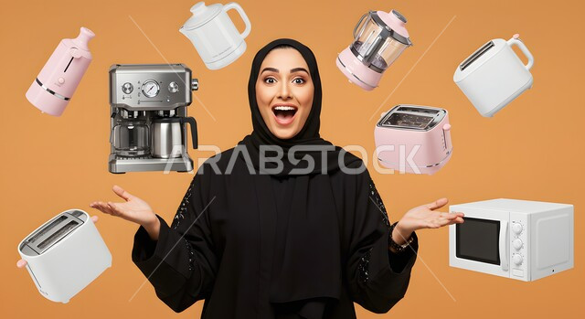 السرور والسعادة لإمتلاك تجهيزات المطبخ، تعابير وايماءات الدهشة و المفاجأة والذهول, بورتريه مقرب لإمرأة عربية سعودية خليجية محجبة مبتسمة ترفع يديها لأعلى تنظر الى الكاميرا, خلفية بيج مع معدات وتجهيزات كهربائية 