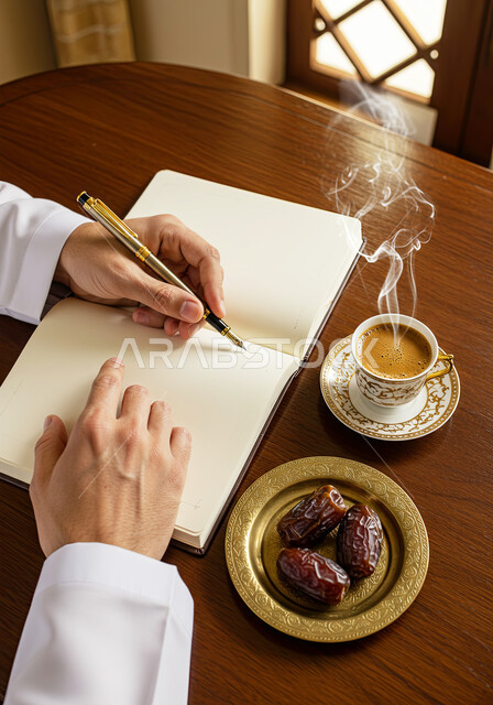 احتراف الكتابة بفنون الخط العربي، صورة مقربة لأيدي رجل خطاط عربي خليجي سعودي يرتدي الثوب التقليدي يقوم بالتخطيط باستخدام القلم، تعليم مهارات الرسم بالخطوط العربية، شرب القهوة العربية الساخنة، تناول حبات التمر الطازجة