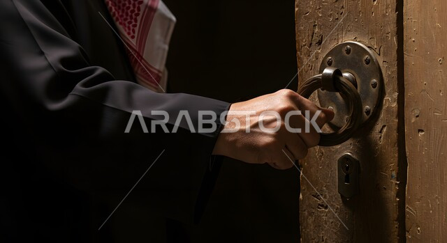 الأصالة و الحضارة والعراقة، يوم بدينا 1727 م، ذكرى تأسيس الدولة السعودية الاولى 22 فبراير، الاحتفال في الأعياد والمناسبات الوطنية، صورة مقربة ليد رجل كبير السن عربي خليجي سعودي يرتدي أزياء التأسيس يقوم بطرق الباب، الأبواب الخشبية المزخرفة