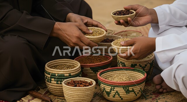 تأسيس الدولة السعودية الأولى 1727 م، عرض المنتجات المحليه الوطنيه في سلل من الحصير اليدوي، الفخر بالتراث السعودي، صورة مقربة لمجموعة رجال عرب خليجيون سعوديون يرتدون الثوب التقليدي يجلسون على الارض يقومون ببيع العدس و البقوليات على بساط شعبي، يوم بدينا 22 فبراير