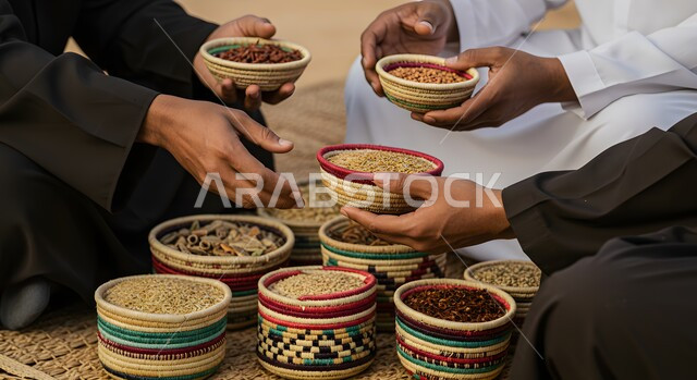 تأسيس الدولة السعودية الأولى 1727 م، عرض المنتجات المحليه الوطنيه في سلل من الحصير اليدوي، الفخر بالتراث السعودي، صورة مقربة لمجموعة رجال عرب خليجيون سعوديون يرتدون الثوب التقليدي يجلسون على الارض يقومون ببيع العدس و البقوليات على بساط شعبي، يوم بدينا 22 فبراير