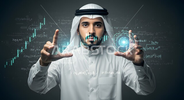 العمل على تطوير البرمجيات، اكواد البرمجة التقنية، استخدام التكنولوجيا في الحياة العملية، رجل عربي خليجي سعودي يرتدي الغترة والثوب التقليدي يشير الى شاشة الكترونية هولوجرامية