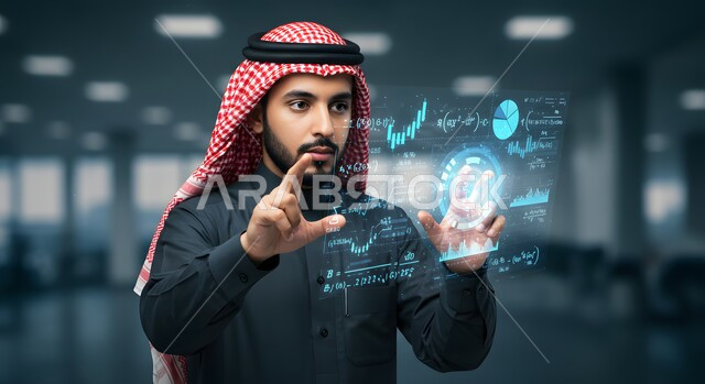 Working on software development, technical programming codes, using technology in practical life, a Saudi Arabian Gulf man wearing a traditional shemagh and thobe pointing to a holographic electronic screen