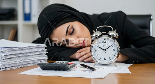  الدراسة لساعات متأخرة في الليل، ربط ساعة المنبه، العودة إلى دوام الجامعة، أهمية الراحة والنوم الجيد لالصحة العقلية والجسدية للطلاب، صورة مقربة لطالبة عربية سعودية خليجية ترتدي الحجاب والعباءة تأخذ قسط من الراحة أثناء مذاكرتها للدروس