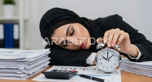  الدراسة لساعات متأخرة في الليل، ربط ساعة المنبه، العودة إلى دوام الجامعة، أهمية الراحة والنوم الجيد لالصحة العقلية والجسدية للطلاب، صورة مقربة لطالبة عربية سعودية خليجية ترتدي الحجاب والعباءة تأخذ قسط من الراحة أثناء مذاكرتها للدروس