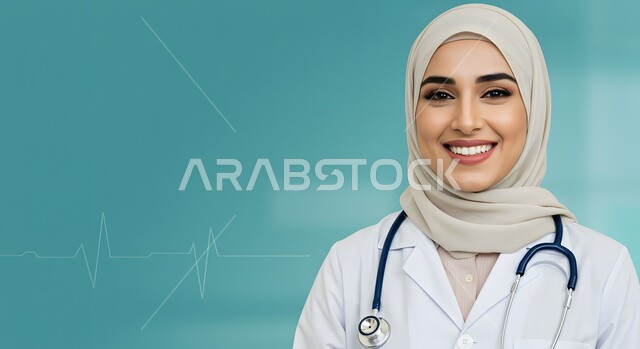 تقديم الخدمات العلاجية والفحوصات الطبية للمرضى, ايماءات السعادة والسرور، العمل في القطاع الصحي, بورتريه مقرب لطبيبة عربية خليجية سعودية محجبة مبتسمة ترتدي المعطف الطبي الأبيض, الوقوف باستقامة والنظر إلى الكاميرا بثقة, مهن ووظائف نسائية سعودية، خلفية زرقاء