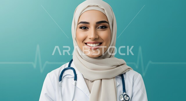 تقديم الخدمات العلاجية والفحوصات الطبية للمرضى, ايماءات السعادة والسرور، العمل في القطاع الصحي, بورتريه مقرب لطبيبة عربية خليجية سعودية محجبة مبتسمة ترتدي المعطف الطبي الأبيض, الوقوف باستقامة والنظر إلى الكاميرا بثقة, مهن ووظائف نسائية سعودية، خلفية زرقاء