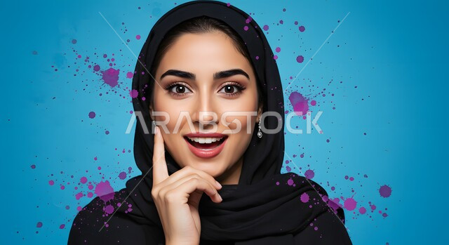 ايماءات الذهول لسماع خبر مفاجئ، الصدمة والتعجب من حصول أمر ما، بورتريه مقرب لامرأة عربية خليجية سعودية محجبة تضع يدها على ذقنها بتعابير الدهشة والسرور والسعادة، خلفية زرقاء