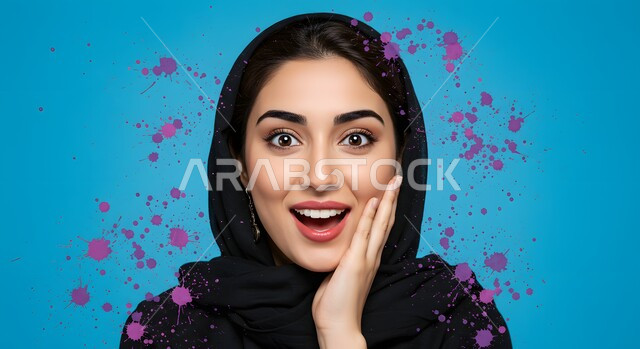 ايماءات الذهول لسماع خبر مفاجئ، الصدمة والتعجب من حصول أمر ما، بورتريه مقرب لامرأة عربية خليجية سعودية محجبة تضع يدها على ذقنها بتعابير الدهشة والسرور والسعادة، خلفية زرقاء