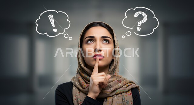 النظر بشرود إلى مكان ما, التمعن والتركيز والتخطيط للمستقبل، صورة مقربة لامرأة عربية خليجية سعودية محجبة تضع يدها على ذقنها وتنظر بإيماءات التفكير والتأمل، محاولة إيجاد حل لشيء ما، فقاعات باشارة التعجب والاستفهام
