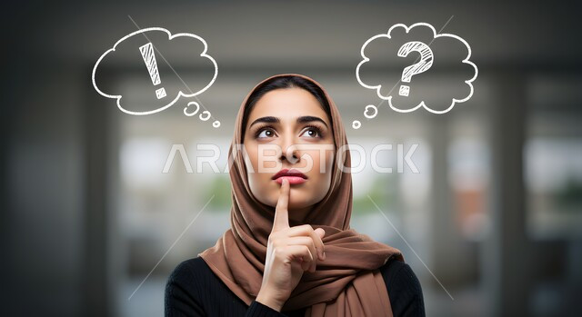 Staring blankly at a place, contemplating, concentrating, and planning for the future, a close-up of a veiled Saudi Arabian Gulf woman with her hand on her chin and looking with gestures of thinking and contemplation, trying to find a solution to something, bubbles with exclamation and question marks