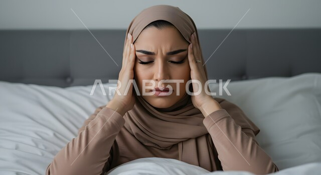 الصداع وألم الرأس، المعاناة من آلام الشقيقة، الحاجة للهدوء والراحة، صورة مقربة لإمرأة عربية خليجية سعودية محجبة تجلس في سريرها تضع يديها على رأسها بايماءات التعب والارهاق 