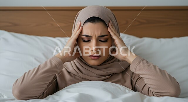الصداع وألم الرأس، المعاناة من آلام الشقيقة، الحاجة للهدوء والراحة، صورة مقربة لإمرأة عربية خليجية سعودية محجبة تجلس في سريرها تضع يديها على رأسها بايماءات التعب والارهاق 