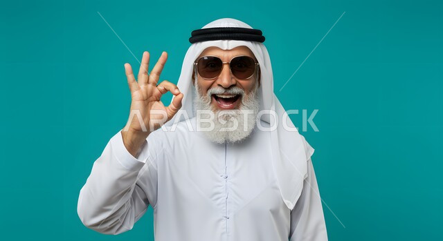نظرات الحماس والشعور بالرضا, الموافقة والقبول والنصيحة، التعبير عن الجودة والاتقان، بورتريه لرجل كبير بالسن عربي خليجي إماراتي مبتسم يرتدي الكندورة والغترة والنظارة الشمسية يرفع يديه بإيماءات الجودة والامتياز والتميز، إيجاد الأفكار والحلول المناسبة, خلفية زرقاء