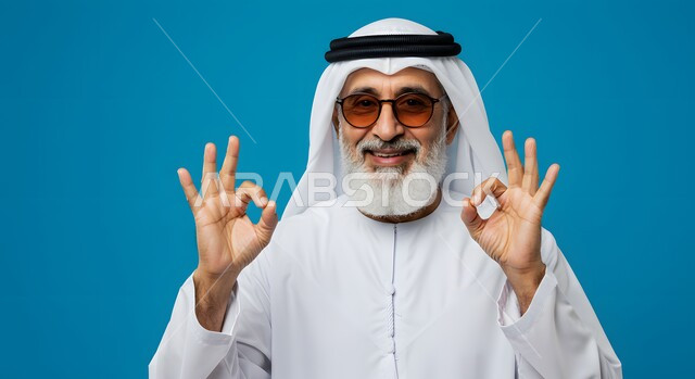 نظرات الحماس والشعور بالرضا, الموافقة والقبول والنصيحة، التعبير عن الجودة والاتقان، بورتريه لرجل كبير بالسن عربي خليجي إماراتي مبتسم يرتدي الكندورة والغترة والنظارة الشمسية يرفع يديه بإيماءات الجودة والامتياز والتميز، إيجاد الأفكار والحلول المناسبة, خلفية زرقاء