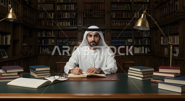 Modern office equipment, elegant and comfortable furniture, a quiet place for studying and reading, wooden shelves filled with books, stories and organized folders, an Emirati Gulf Arab man wearing the traditional kandura and ghutra sitting at his desk, expressions of seriousness and firmness