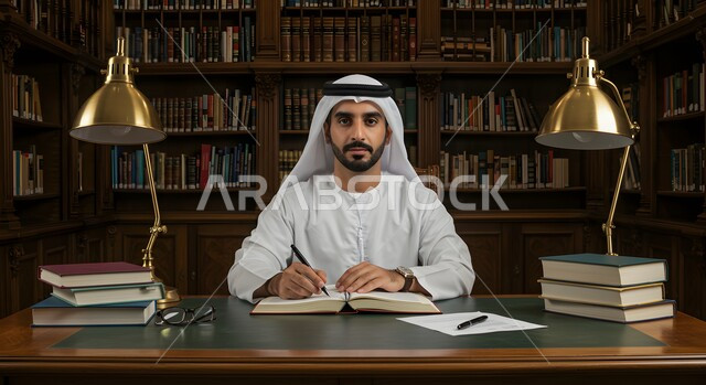 تجهيزات مكتبية حديثة وأثاث أنيق ومريح، مكان هادئ للمطالعة والقراءة, رفوف خشبية ممتلئة بالكتب والقصص والمجلدات المرتبة, رجل عربي خليجي اماراتي يرتدي الكندورة والغترة التقليدية يجلس على مكتبه، تعابير الجدية والحزم