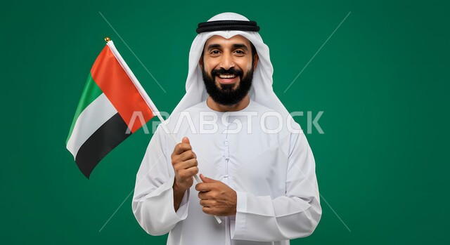 تعابير الانتماء والاعتزاز بالهوية الإماراتية, الاحتفال بالأعياد والمناسبات الوطنية, مفهوم الحب والفخر بالوطن, ذكرى اليوم الوطني الإماراتي 2 ديسمبر, بورتريه مقرب لرجل عربي خليجي إماراتي يرتدي الكندورة والغترة البيضاء يحمل بيده علم الإمارات، خلفية خضراء، كروما