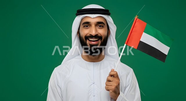 تعابير الانتماء والاعتزاز بالهوية الإماراتية, الاحتفال بالأعياد والمناسبات الوطنية, مفهوم الحب والفخر بالوطن, ذكرى اليوم الوطني الإماراتي 2 ديسمبر, بورتريه مقرب لرجل عربي خليجي إماراتي يرتدي الكندورة والغترة البيضاء يحمل بيده علم الإمارات، خلفية خضراء، كروما