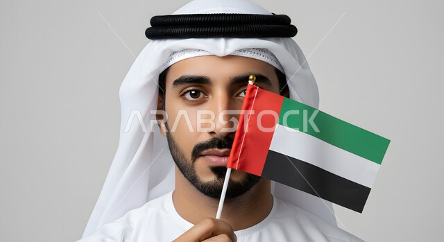 الاحتفال بالأعياد والمناسبات الوطنية, مفهوم الحب والفخر بالوطن, تعابير الانتماء والاعتزاز  بالهوية الإماراتية, ذكرى اليوم الوطني الإماراتي 2 ديسمبر, بورتريه مقرب لرجل عربي خليجي إماراتي يرتدي الكندورة والغترة البيضاء يضع علم الإمارات امام وجهه، خلفية رمادية