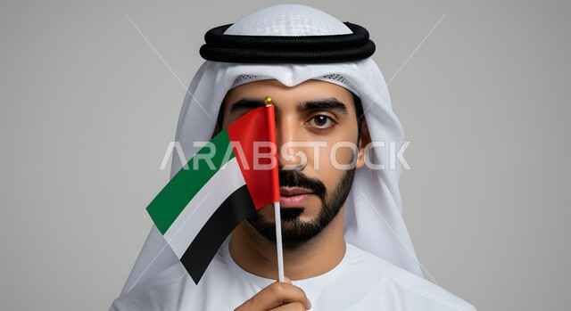 الاحتفال بالأعياد والمناسبات الوطنية, مفهوم الحب والفخر بالوطن, تعابير الانتماء والاعتزاز  بالهوية الإماراتية, ذكرى اليوم الوطني الإماراتي 2 ديسمبر, بورتريه مقرب لرجل عربي خليجي إماراتي يرتدي الكندورة والغترة البيضاء يضع علم الإمارات امام وجهه، خلفية رمادية