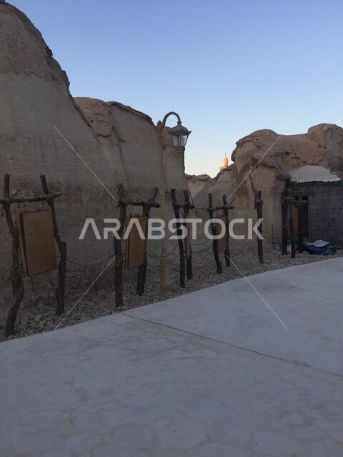 Entrance to the Land of Civilizations Museum, an ancient historical and archaeological site and landmark in the Kingdom of Saudi Arabia, Jabal Al-Qarah Cave in Al-Ahsa, rock formations and formations in the mountains, and sculpted landscapes in tourist cities.