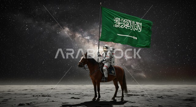تحقيق النمو والتطور في قطاع الفضاء, الاحتفال مع الخيل في اليوم الوطني السعودي في 23 سبتمبر, وصول السعودية إلى العالم الخارجي، رائد عربي خليجي سعودي يرتدي بدلة الفضاء يحمل علم المملكة العربيه السعودية ويمتطي حصانه، خلفية السماء المرصعة بالنجوم