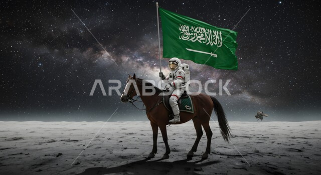تحقيق النمو والتطور في قطاع الفضاء, الاحتفال مع الخيل في اليوم الوطني السعودي في 23 سبتمبر, وصول السعودية إلى العالم الخارجي، رائد عربي خليجي سعودي يرتدي بدلة الفضاء يحمل علم المملكة العربيه السعودية ويمتطي حصانه، خلفية السماء المرصعة بالنجوم