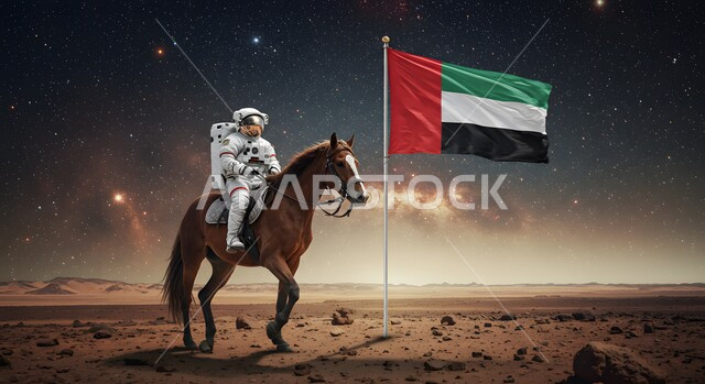 تحقيق النمو والتطور في قطاع الفضاء, الاحتفال مع الخيل في اليوم الوطني الاماراتي في 2 ديسمبر, وصول الامارات العربية المتحدة إلى العالم الخارجي، رائد عربي خليجي اماراتي يرتدي بدلة الفضاء يحمل علم البلد ويمتطي حصانه، خلفية السماء المرصعة بالنجوم