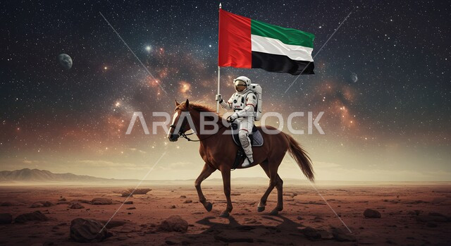 تحقيق النمو والتطور في قطاع الفضاء, الاحتفال مع الخيل في اليوم الوطني الاماراتي في 2 ديسمبر, وصول الامارات العربية المتحدة إلى العالم الخارجي، رائد عربي خليجي اماراتي يرتدي بدلة الفضاء يحمل علم البلد ويمتطي حصانه، خلفية السماء المرصعة بالنجوم