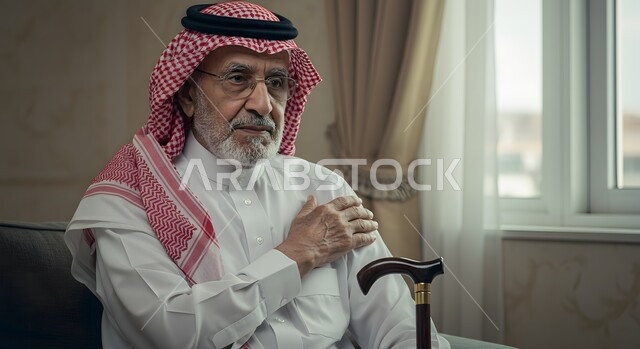 مفهوم الجلوس والراحة، صورة مقربة لرجل عربي خليجي سعودي كبير بالسن مبتسم يرتدي الشماغ والثوب التقليدي يجلس في غرفة المعيشة بجانبه العكاز يضع يديه على كتفيه
