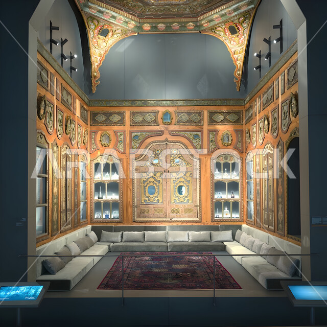 المؤسسات الرائدة في العالم للفن الإسلامي، الفن الهندسي المعماري و الديكور الداخلي للمتحف الإسلامي للفنون في العاصمة القطرية الدوحة, البهو الداخلي للمتحف مع تفاصيل السقف والجدران, أولى مشاريع متاحف قطر