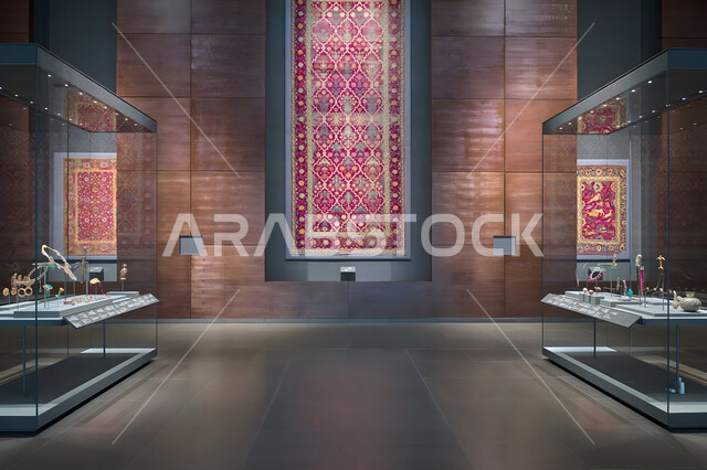 المؤسسات الرائدة في العالم للفن الإسلامي، الفن الهندسي المعماري و الديكور الداخلي للمتحف الإسلامي للفنون في العاصمة القطرية الدوحة, البهو الداخلي للمتحف مع تفاصيل السقف والجدران, أولى مشاريع متاحف قطر